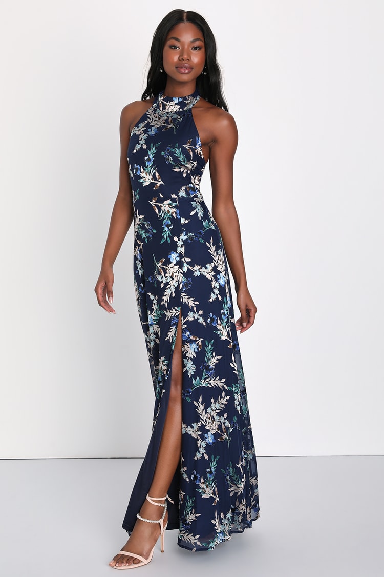 Divine Blossom Navy Blue Floral Burnout Halter Maxi Dress