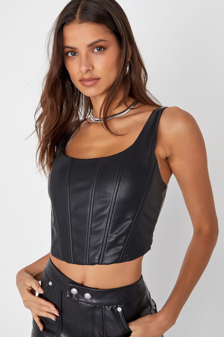 Black Vegan Leather Lace-Up Corset Top | Womens | X-Small (Available in L) | 100% Polyester | Vegan Friendly | Lulus