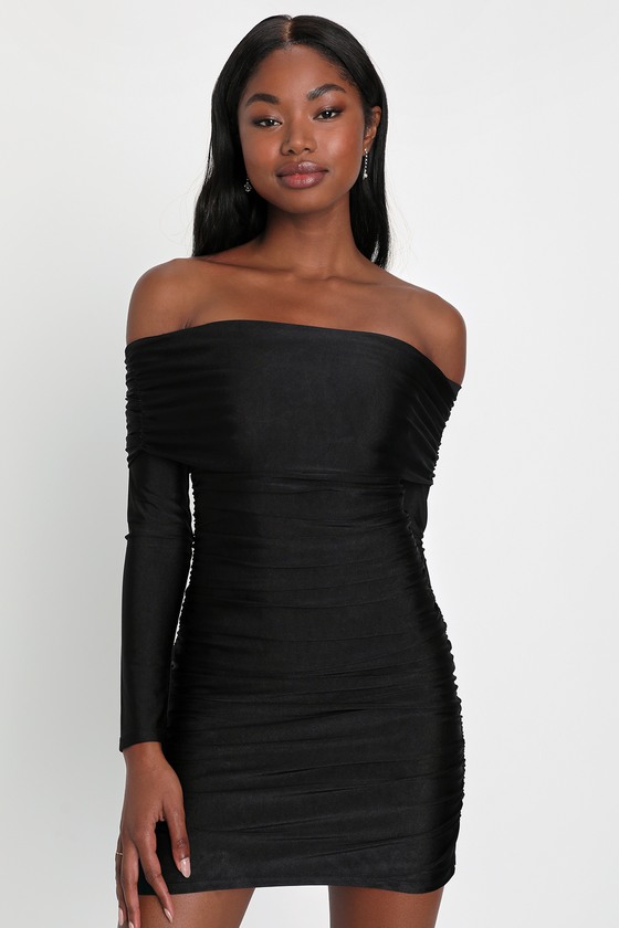 Lulus Sultry Influence Black Off-the-shoulder Ruched Mini Dress