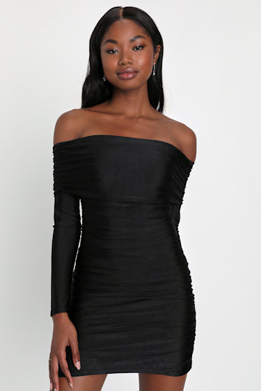 Black Off-The-Shoulder Dress Ruched Dress Bodycon Mini Dress