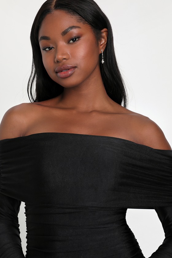 Black Off The Shoulder Dress Ruched Dress Bodycon Mini Dress Lulus