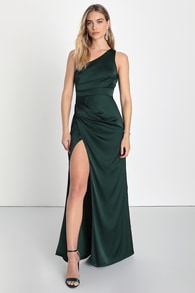 Dreaming of Elegance Emerald Satin One-Shoulder Maxi Dress