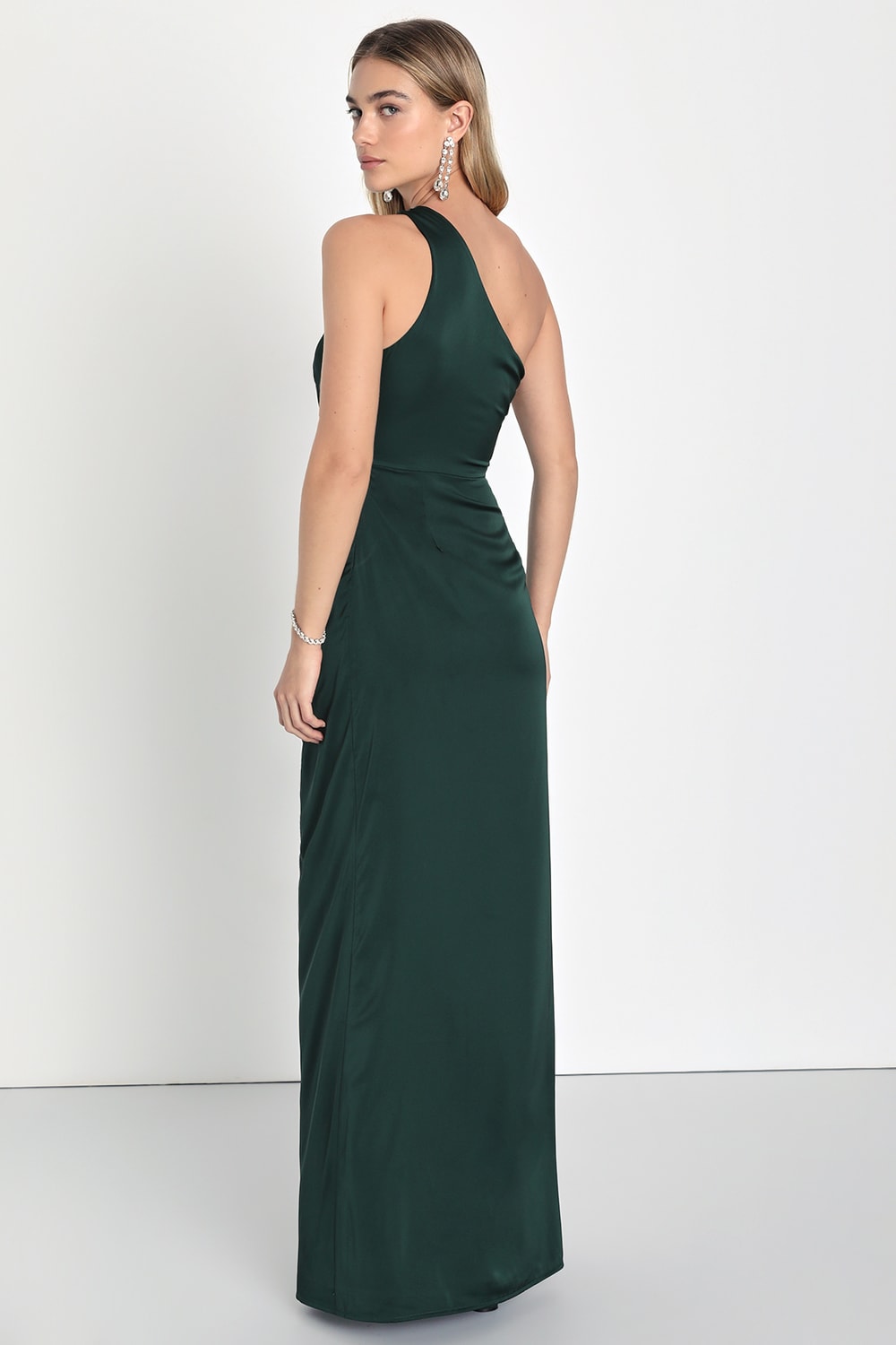 Dreaming of Elegance Emerald Satin One-Shoulder Maxi Dress