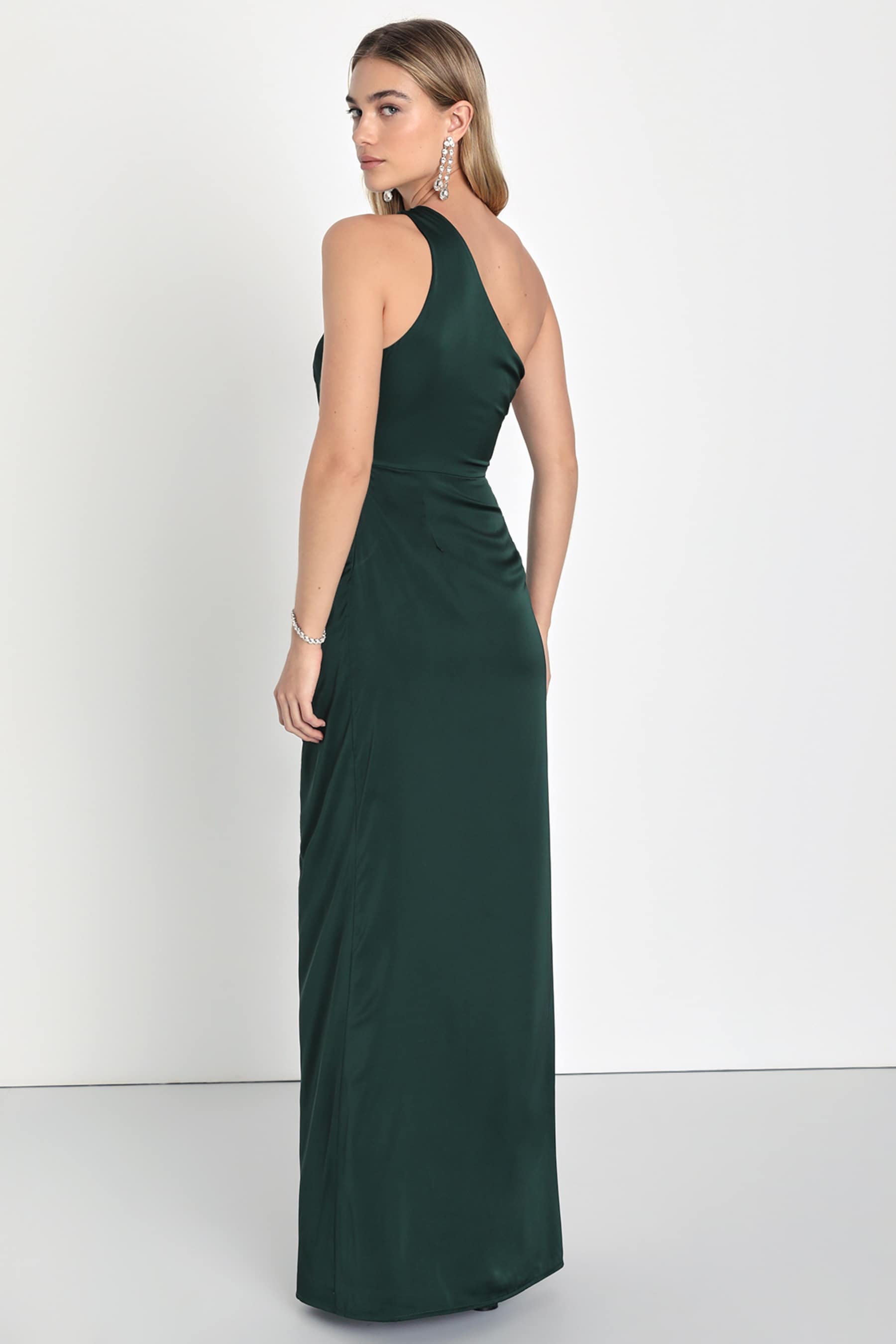 Dreaming of Elegance Emerald Satin One-Shoulder Maxi Dress