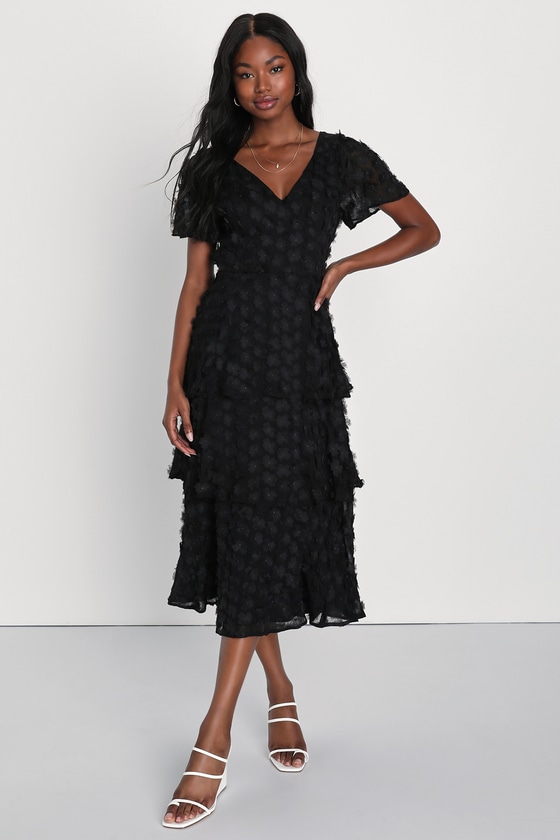 Black Tiered Dress - 3D Floral Applique Dress - Tiered Midi Dress - Lulus