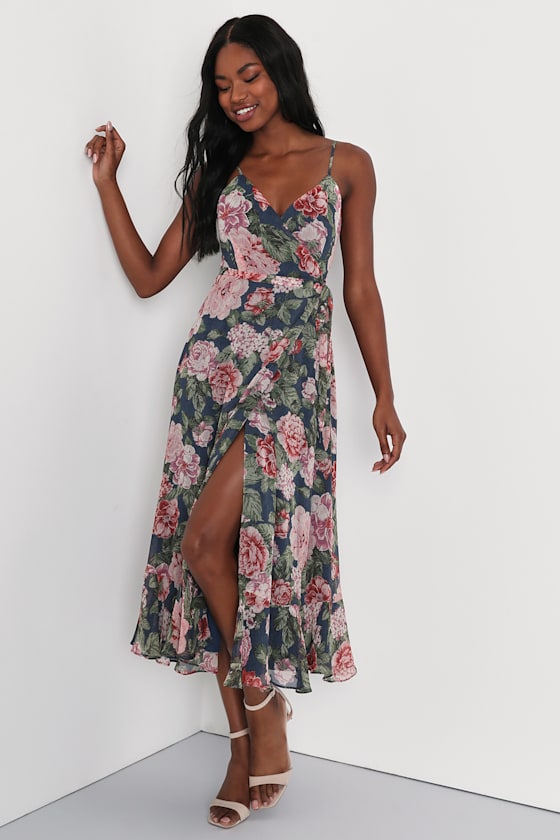 Romantic Floral Chiffon Wrap Midi Dress