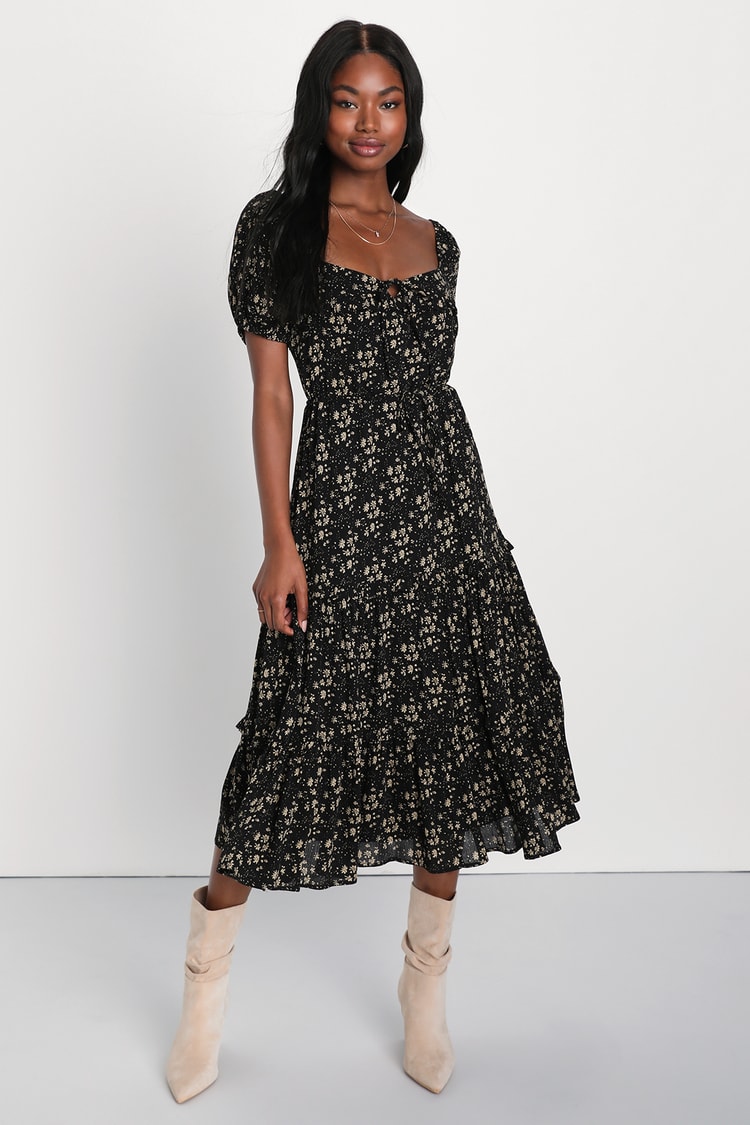 Adorable Ideal Black Floral Print Tiered Ruffled Midi Dress