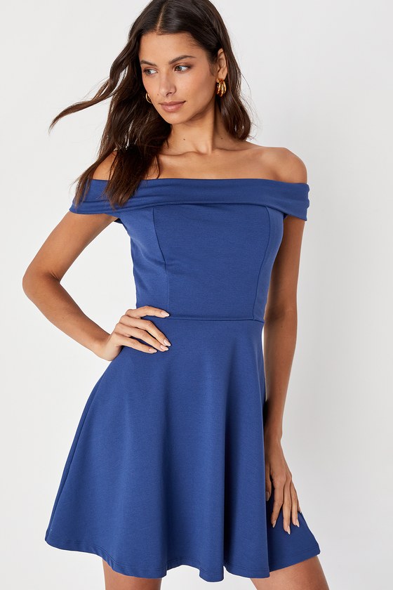 Cute Denim Blue Dress - Off-the-Shoulder Dress - Skater Dress - $52.00 ...