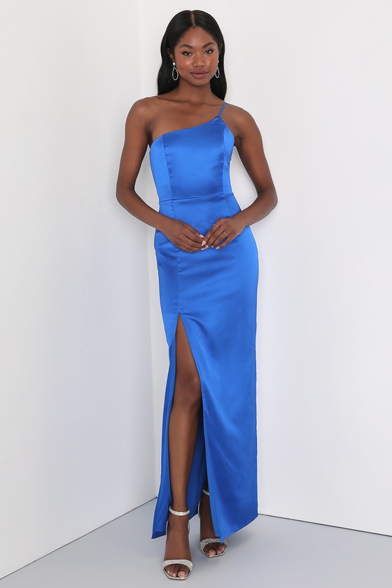 Lulus Keeper Of My Heart Royal Blue Satin One-shoulder Maxi Dress