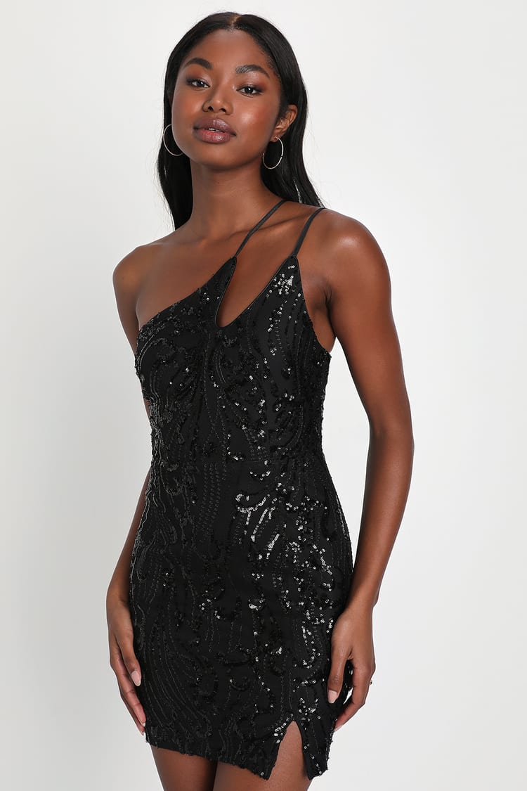 Black Sequin Dress - Mini Bodycon Dress - One-Shoulder Dress - Lulus