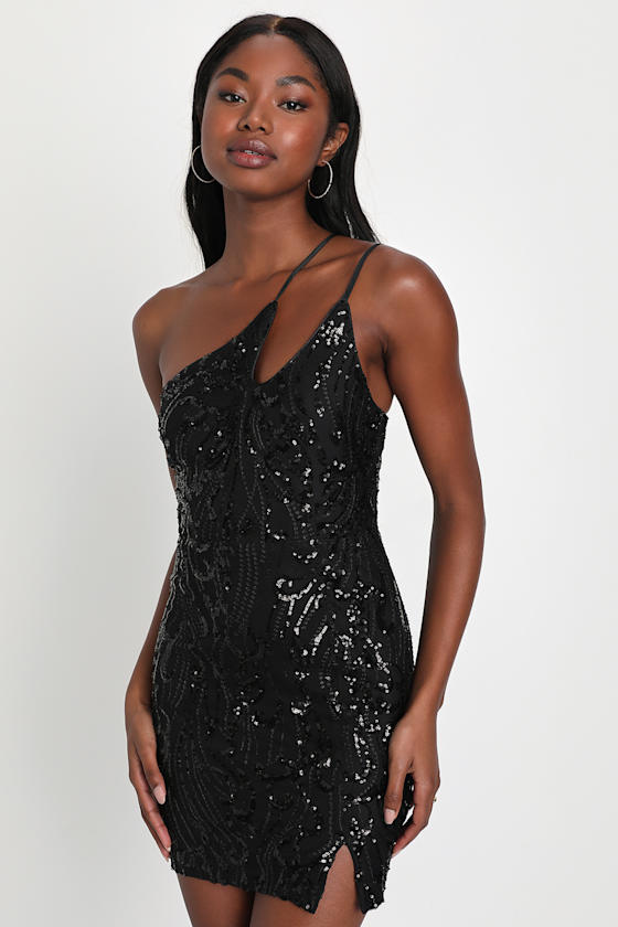 Black Sequin Dress - Mini Bodycon Dress - One-Shoulder Dress - Lulus