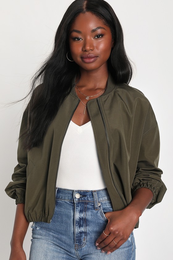 Lulus Olive Green Satin Bomber Jacket