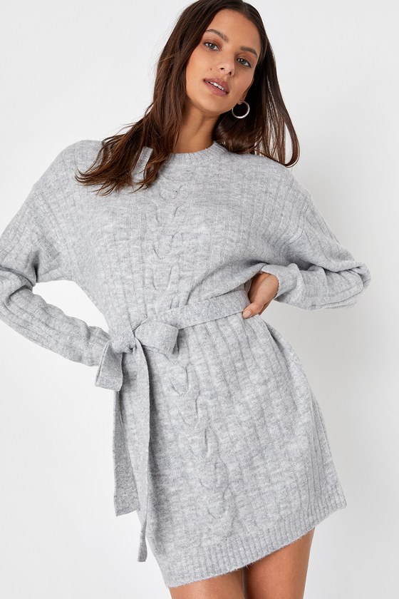 Lulus Wishing On Winter Heather Grey Cable Knit Mini Sweater Dress