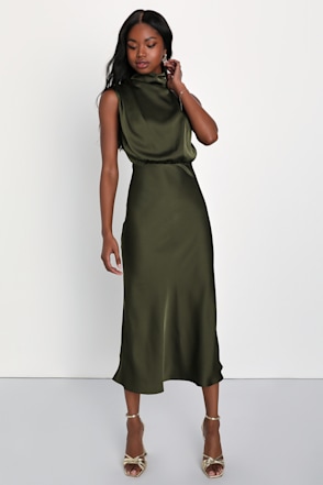 hollywood woman forest green satin midi dress Forest Green Cowl Neck Silk Satin Midi Length Slip Dress,Adjustable Spaghetti Straps,Bias Cut,Date Open Back Bridesmaids Engagement Dress