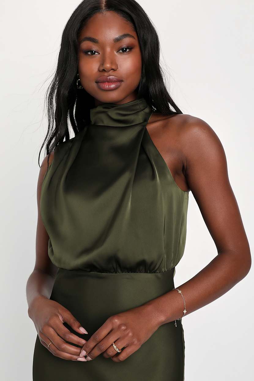 slim fit dress slacks Mac Duggal Women's Soft Tie Halter Neck High Slit Gown - Green - Size 6 main image 0