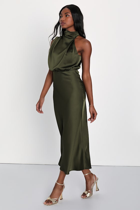Distinctive Charm Olive Green Satin Asymmetrical Midi Dress - thumbnail 3