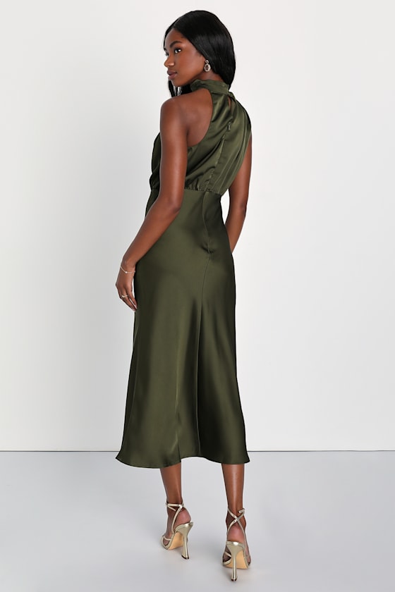 Distinctive Charm Olive Green Satin Asymmetrical Midi Dress - thumbnail 4