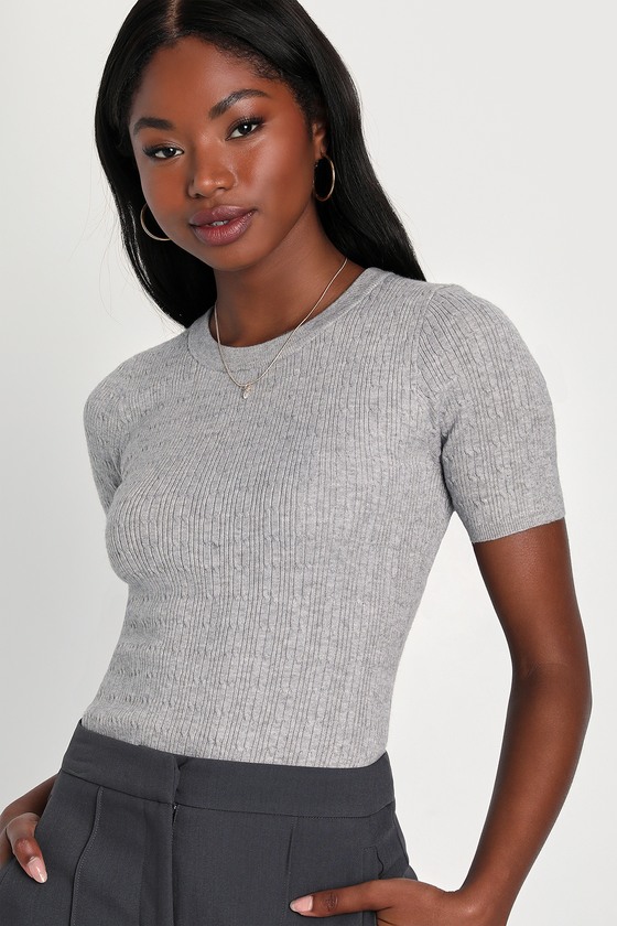 Classy Excellence Heather Grey Sweater Knit Short Sleeve Top