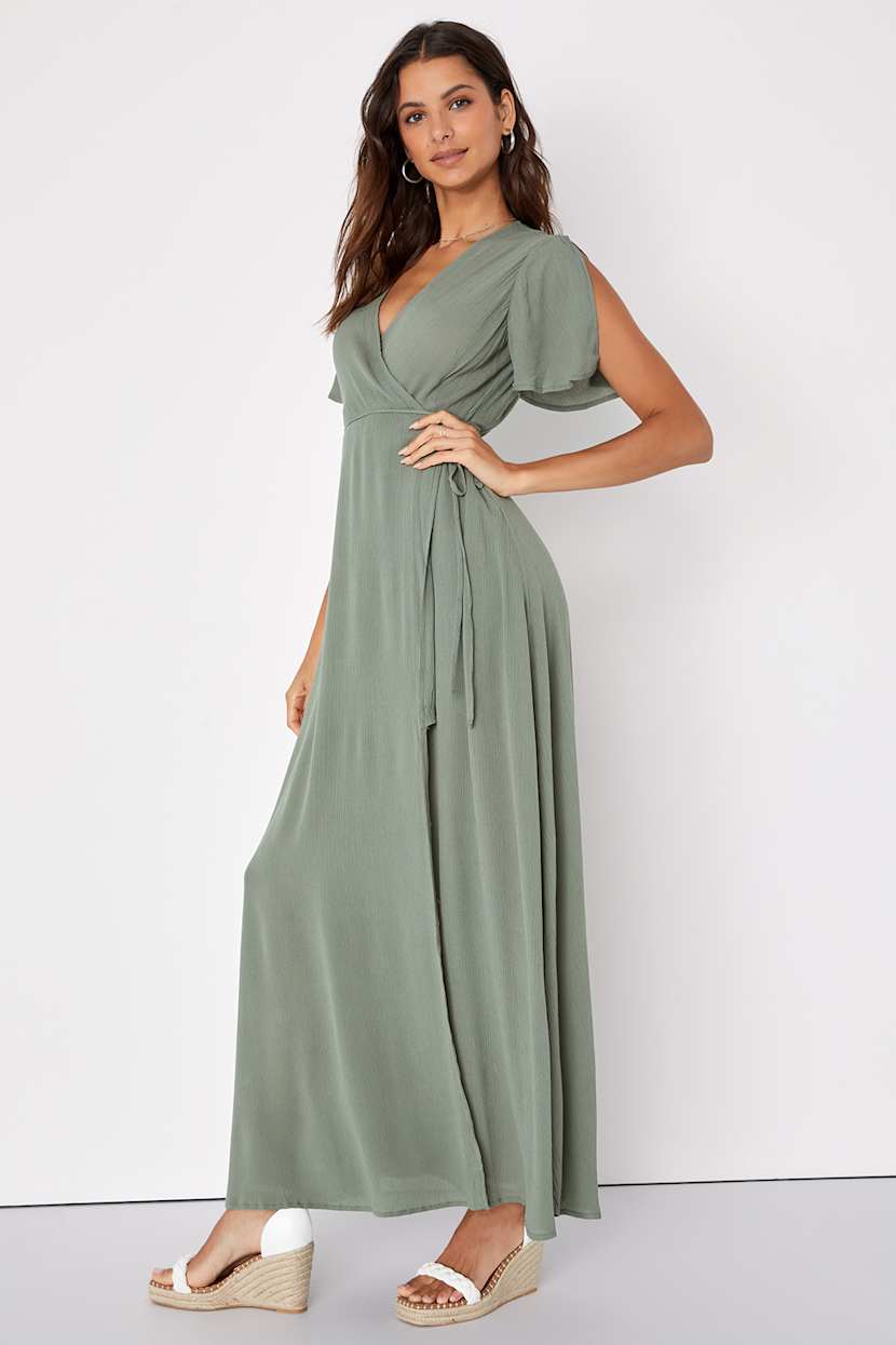 slim fit dress slacks Crinkle Satin Sleeveless Maxi Wrap Dress | Gown