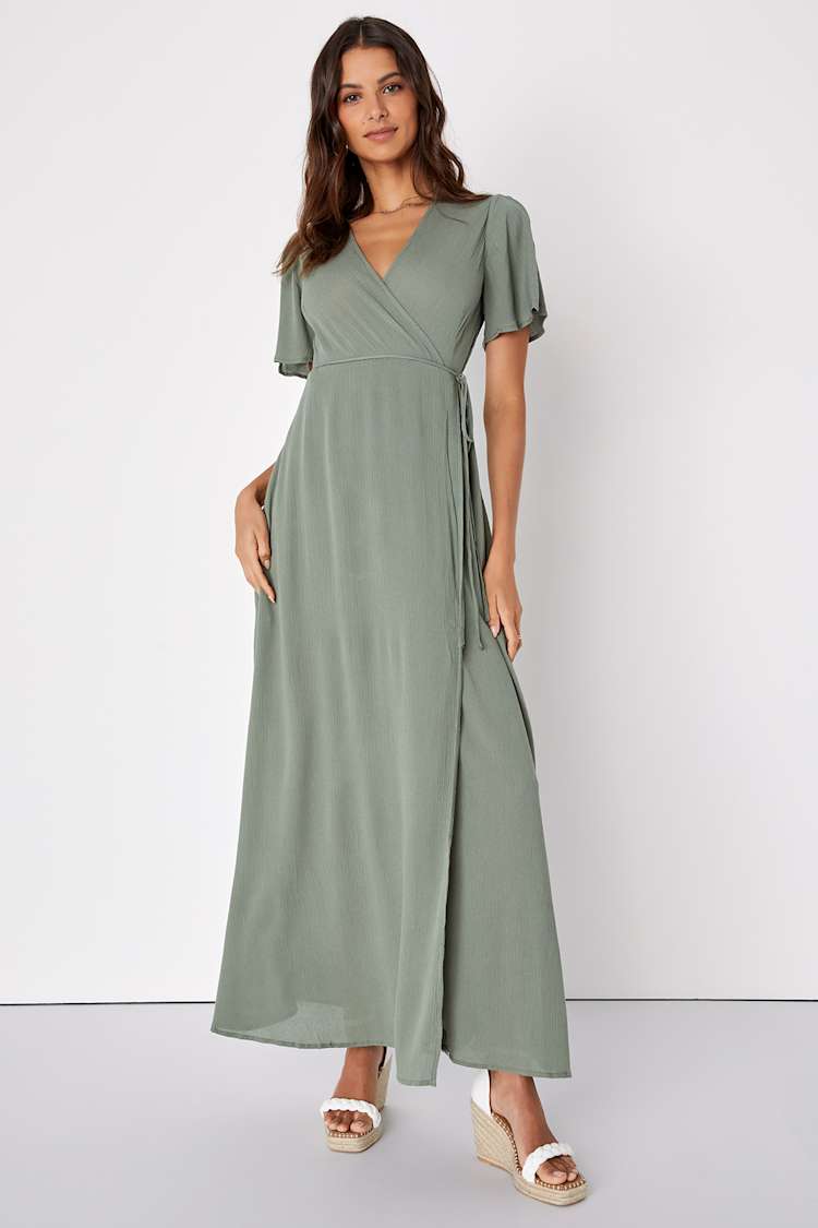 khaki green wrap dress Khaki Wrap Top Belted Short Sleeve Plisse Midi Dress – AX Paris main image 0