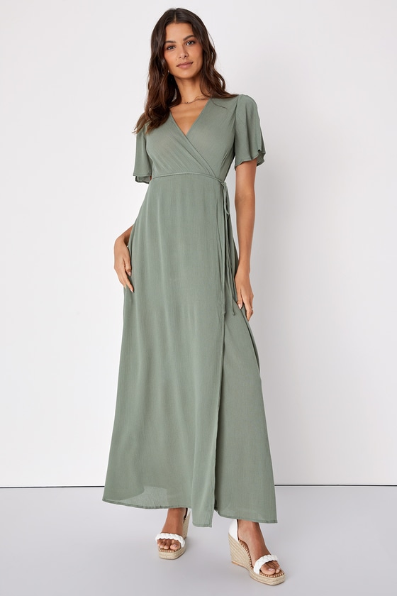 Lovely Washed Olive Green Dress - Wrap Dress - Maxi Dress - Lulus