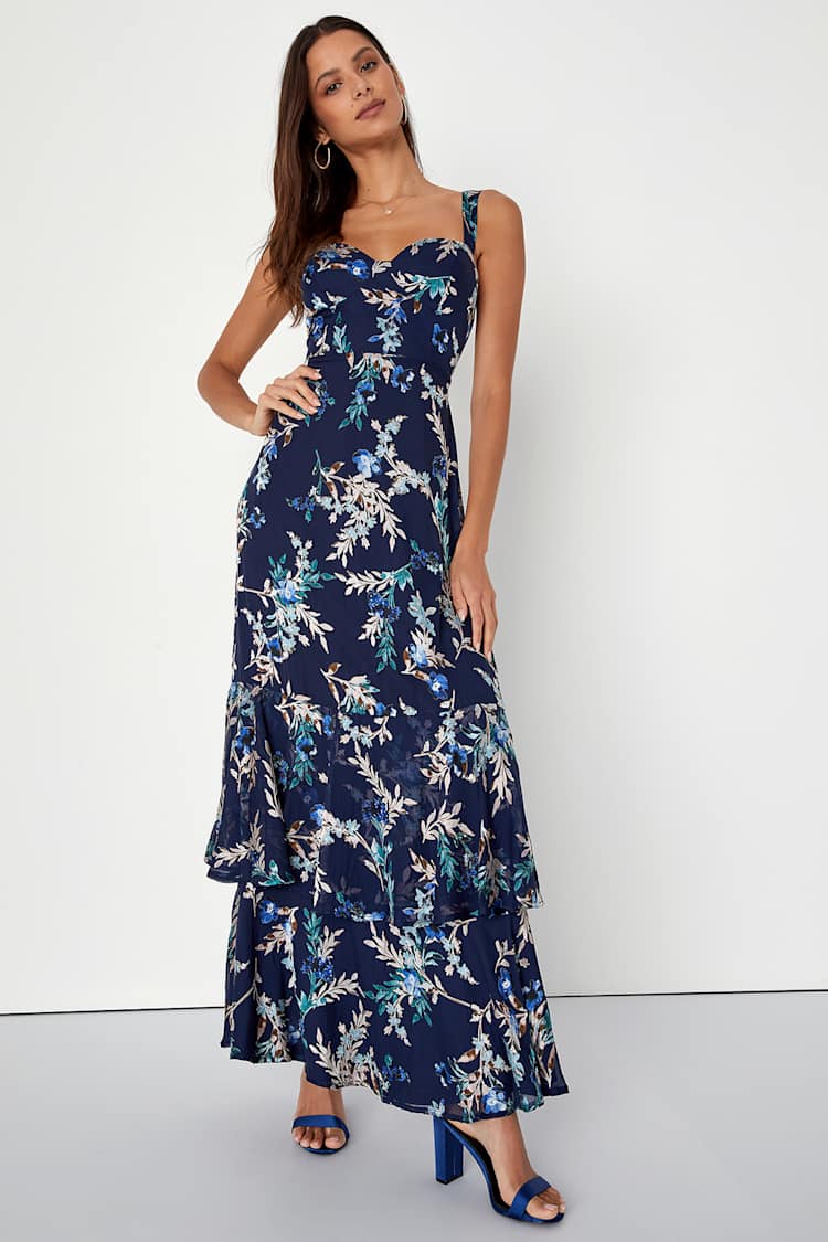 princess polly baby blue dress Floral Burnout Maxi Dress: Fit and Flare 3/4 Sleeves main image 1