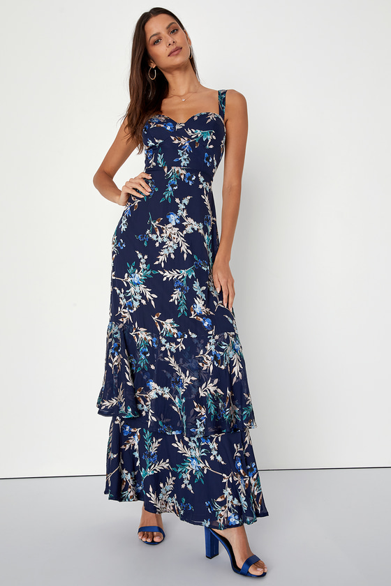 Navy Blue Velvet Midi Dress - Floral Burnout Dress - Maxi Dress - Lulus
