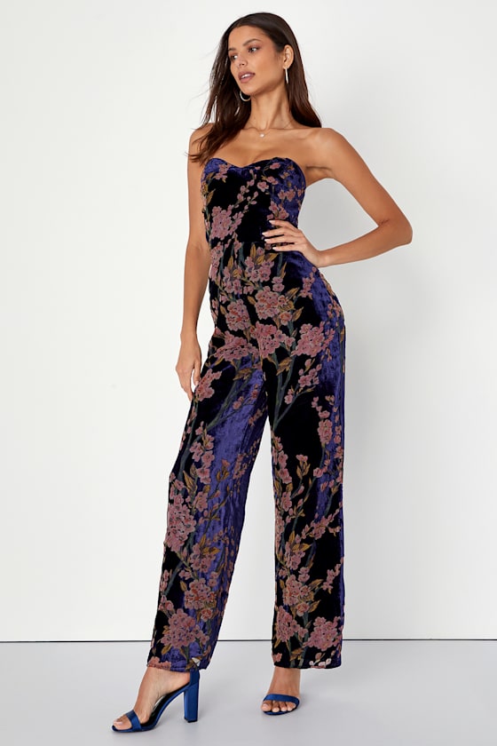 Navy Blue Velvet Jumpsuit Burnout Floral Jumpsuit Jumpsuit Lulus