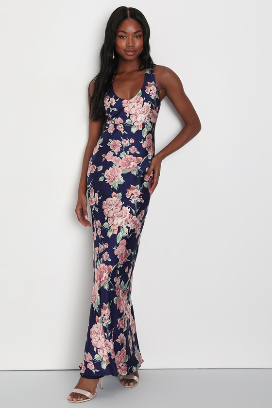 Lulus Stunning Blossom Navy Blue Floral Satin Backless Maxi Dress