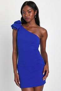 Unstoppable Stunner Royal Blue Ruffled One-Shoulder Mini Dress