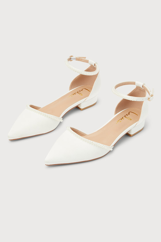 White Satin Flats Ankle Strap Flats Pearl Satin Bridal Shoes Lulus