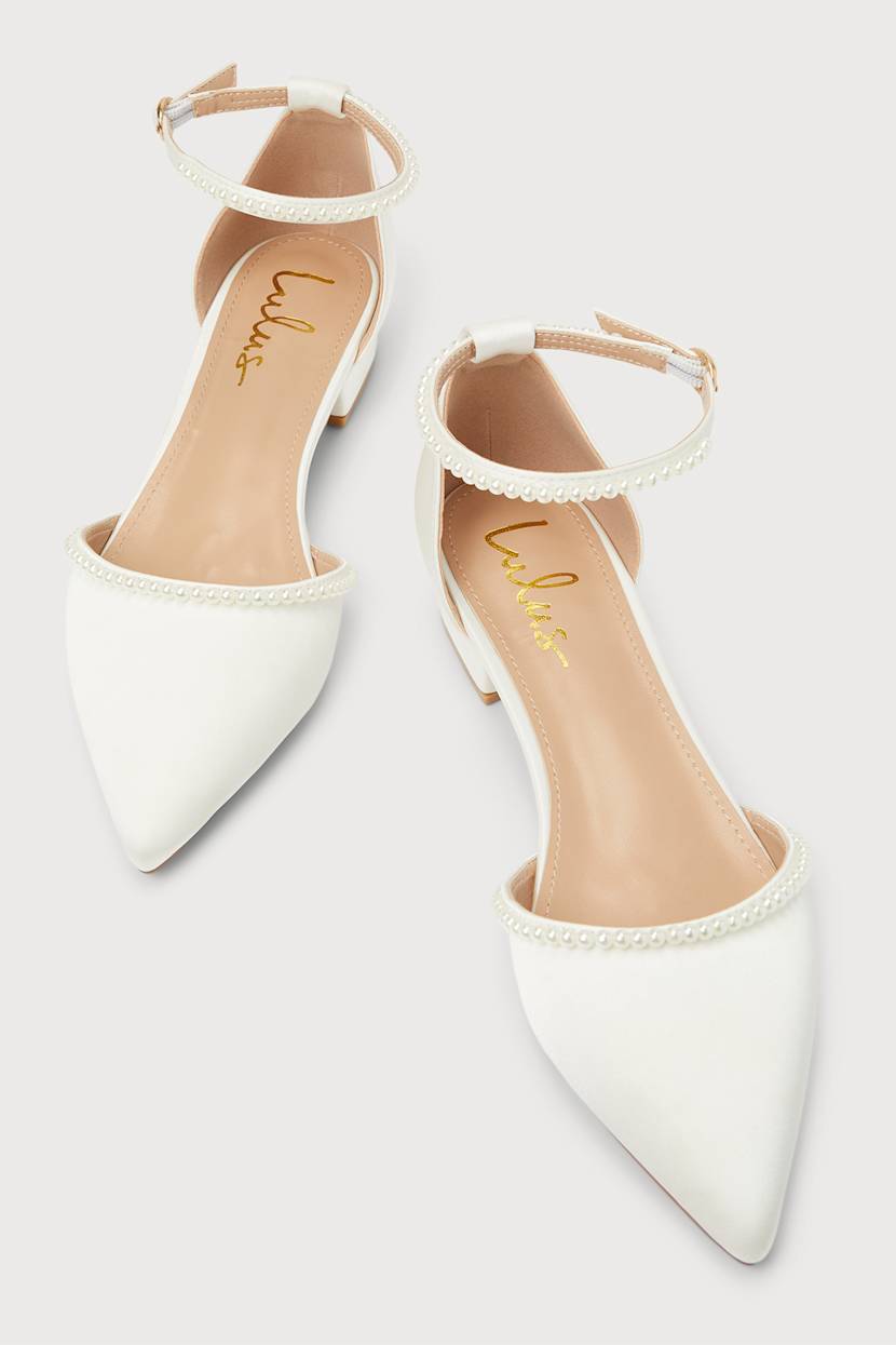 Phoebee White Satin Pearl Pointed-Toe Ankle Strap Flats