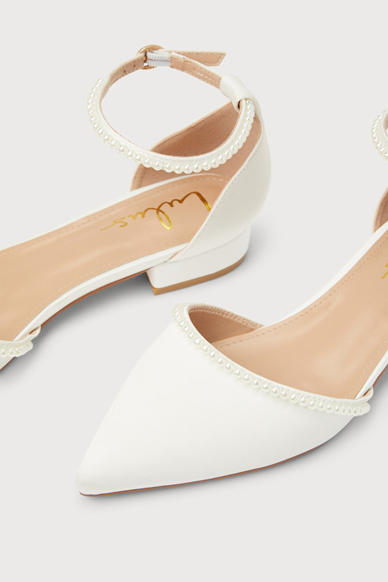 White Satin Flats - Ankle Strap Flats - Pearl Satin Bridal Shoes - Image 4