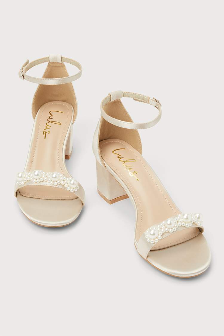 Kutest Champagne Satin Pearl Ankle Strap Heels