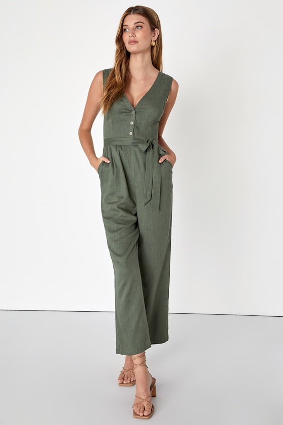 Olive Green Linen Jumpsuit ButtonFront Jumpsuit Jumpsuit Lulus