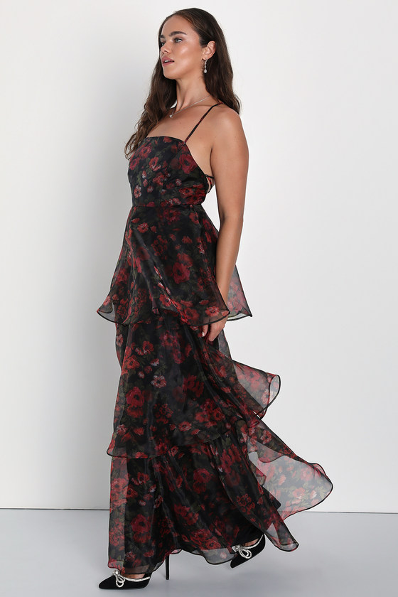 Black Floral Gown - Tiered Organza Gown - Lace-Up Maxi Dress - Lulus