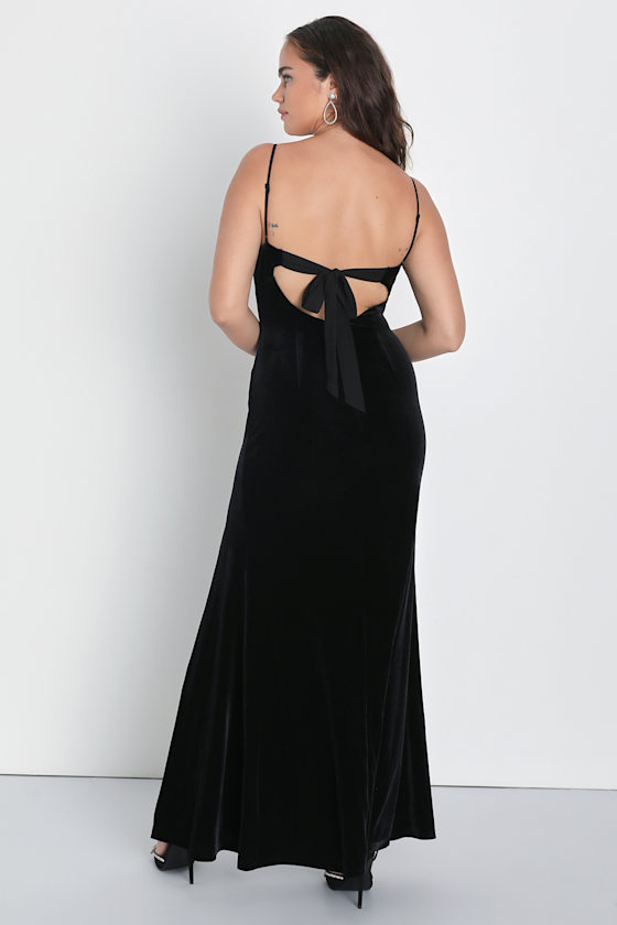 Kayslee Black Velvet Maxi Dress - Long Sleeve, Diamante Backless Gown