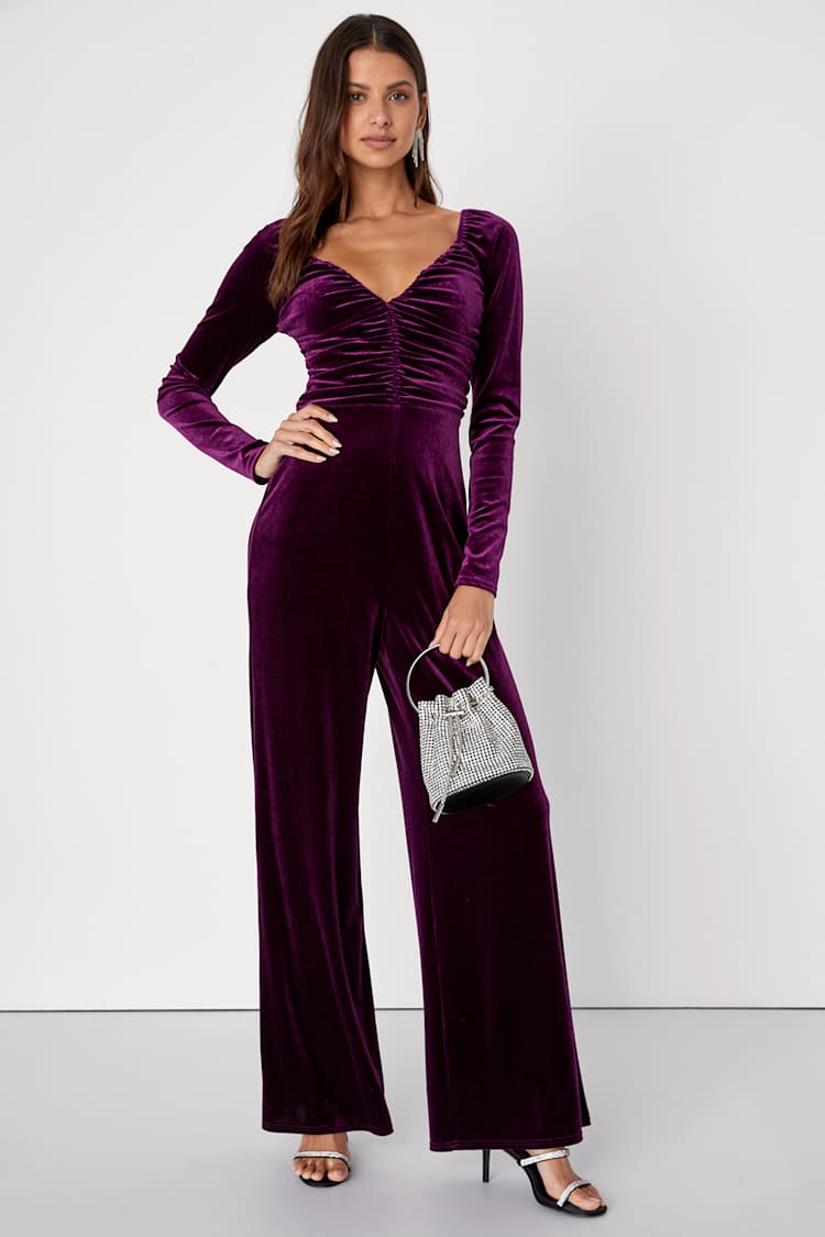Energetic Disposition Purple Velvet Ruched Wide-Leg Jumpsuit