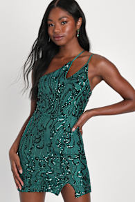 Alluring Shine Emerald Green Sequin One-Shoulder Mini Dress