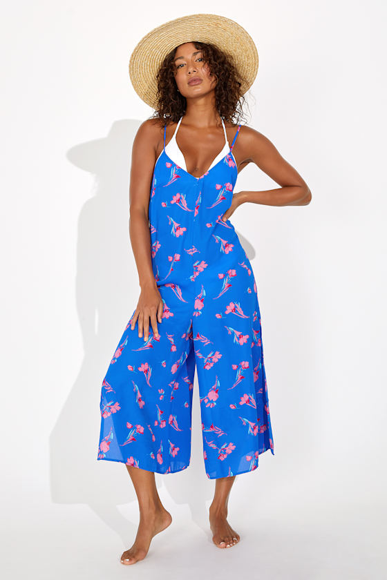 Tropical Time Cobalt Blue Floral Print Swim Cover-Up Jumpsuit 5