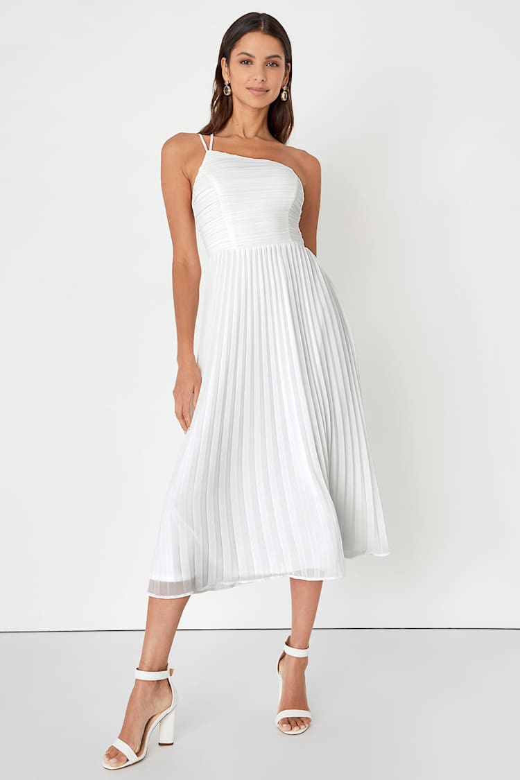 Pleated Midi Dress - One-Shoulder Dress - White Midi Dress - Lulus