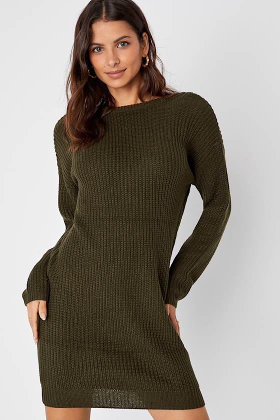 Bringing Sexy Back Olive Green Backless Sweater Dress 10