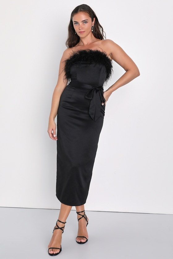 Lulus Glamorous Aura Black Satin Feather Strapless Midi Dress