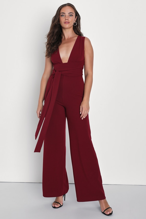 Burgundy wide leg best sale jumpsuit
