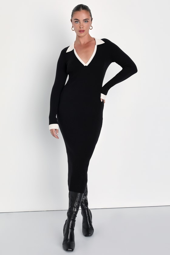 LULUS SUCCESSFUL SOPHISTICATION BLACK COLOR BLOCK MIDI SWEATER DRESS 