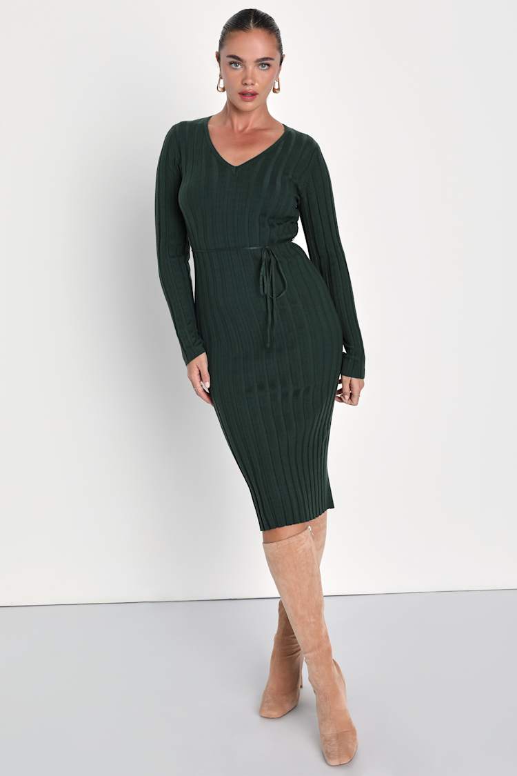 Dark Green Ribbed Dress - Long Sleeve Dress - Midi Sweater Dress - Lulus