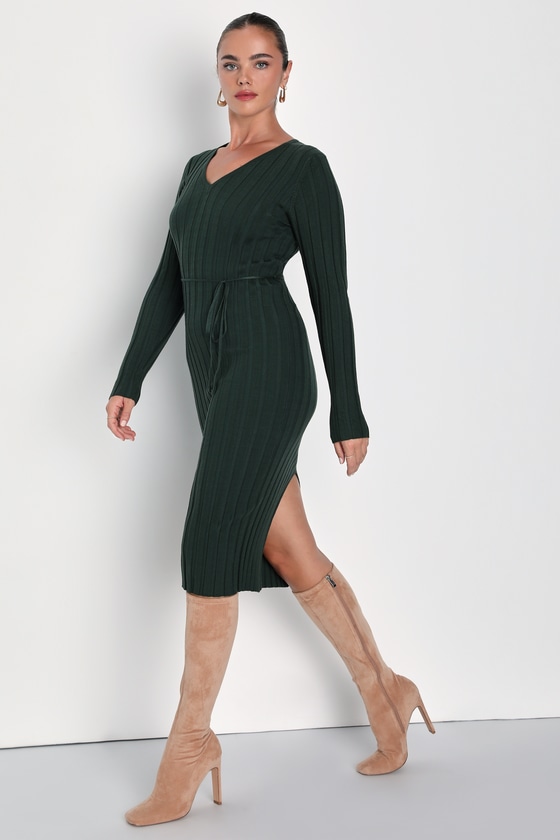Dark Green Ribbed Dress - Long Sleeve Dress - Midi Sweater Dress - Lulus