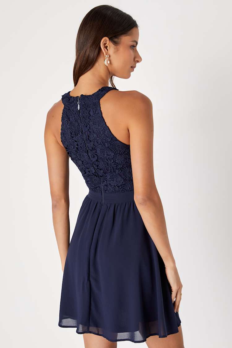 Cute Navy Blue Dress - Lace Dress - Halter Skater Dress - Lulus