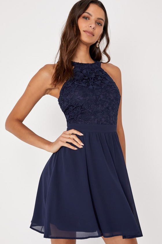 Cute Navy Blue Dress - Lace Dress - Halter Skater Dress - Lulus