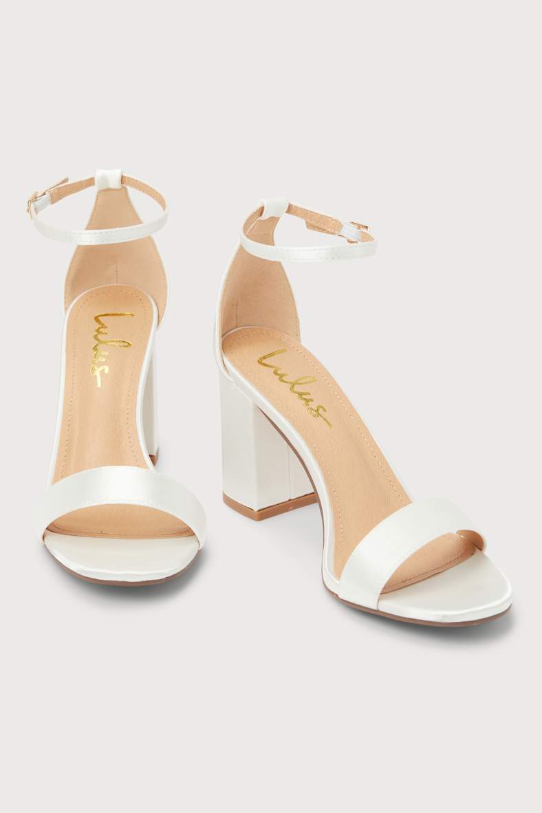 Arylee White Satin Ankle Strap Heels